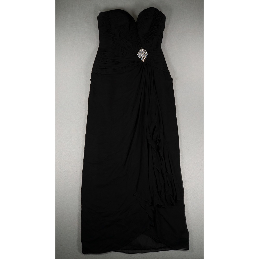 Jovani Womens Strapless Silk Gown Ruched Crystal Brooch Black Size 14 Formal
